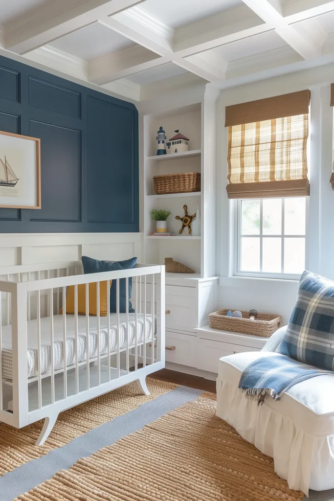 Coastal nautical nursery interior design with navy blue accent wall, white crib, and plaid throw blanket on slipcovered chair. Woven Roman shades, wicker storage baskets, and built-in shelves styled with lighthouse and sailboat decor bring a preppy coastal look to this chic baby room home decor.
