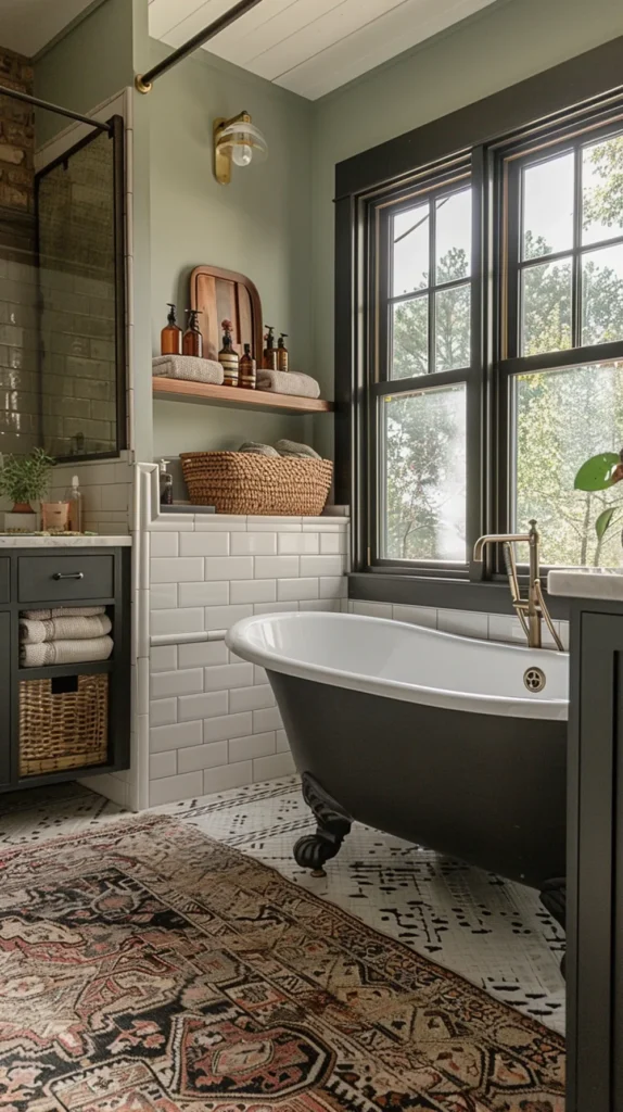 Rustic cottage bathroom with black clawfoot tub, sage green walls, white subway tile, vintage patterned rug, woven storage baskets, and bronze fixtures by large windows.
