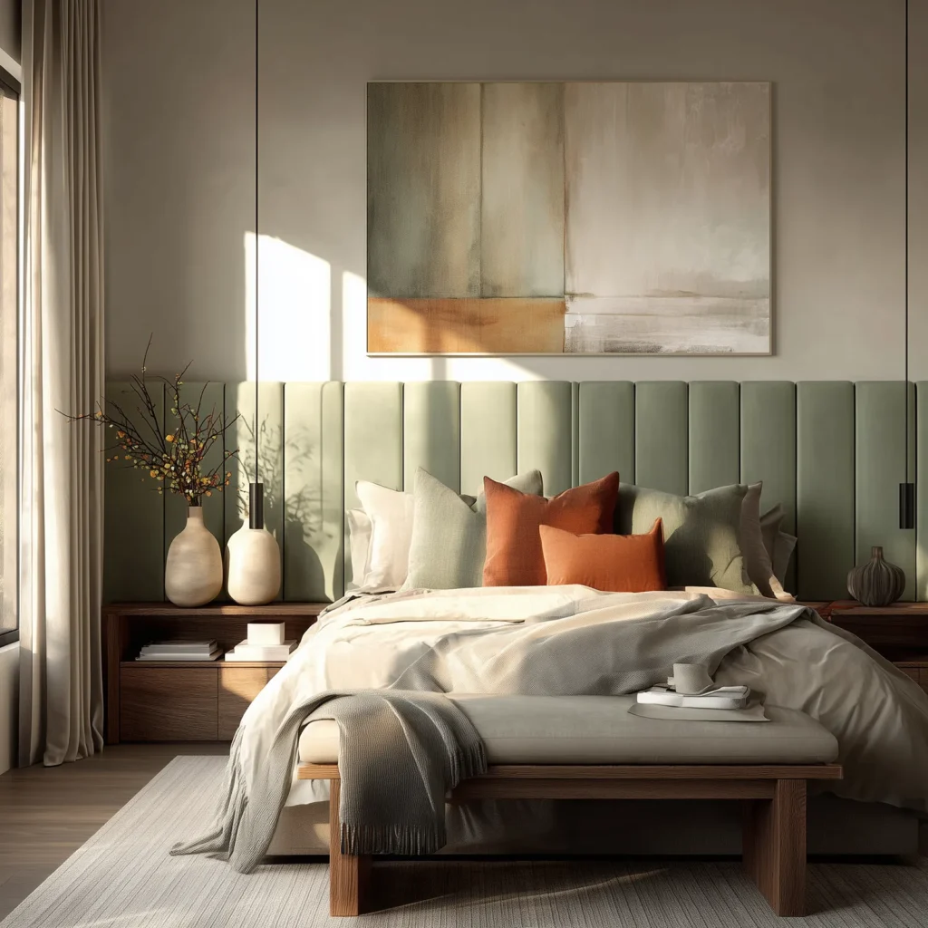 Modern bedroom with a sage green vertical upholstered headboard wall, styled with mixed neutral bedding, terracotta accent pillows, warm wood nightstands, and an abstract painting above the bed.