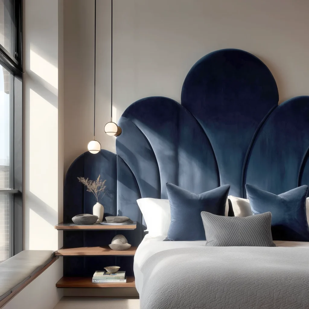 Modern bedroom with a navy velvet scalloped upholstered headboard featuring soft architectural curves, paired with pendant globe lights, wood bedside shelving, and layered blue and gray bedding.