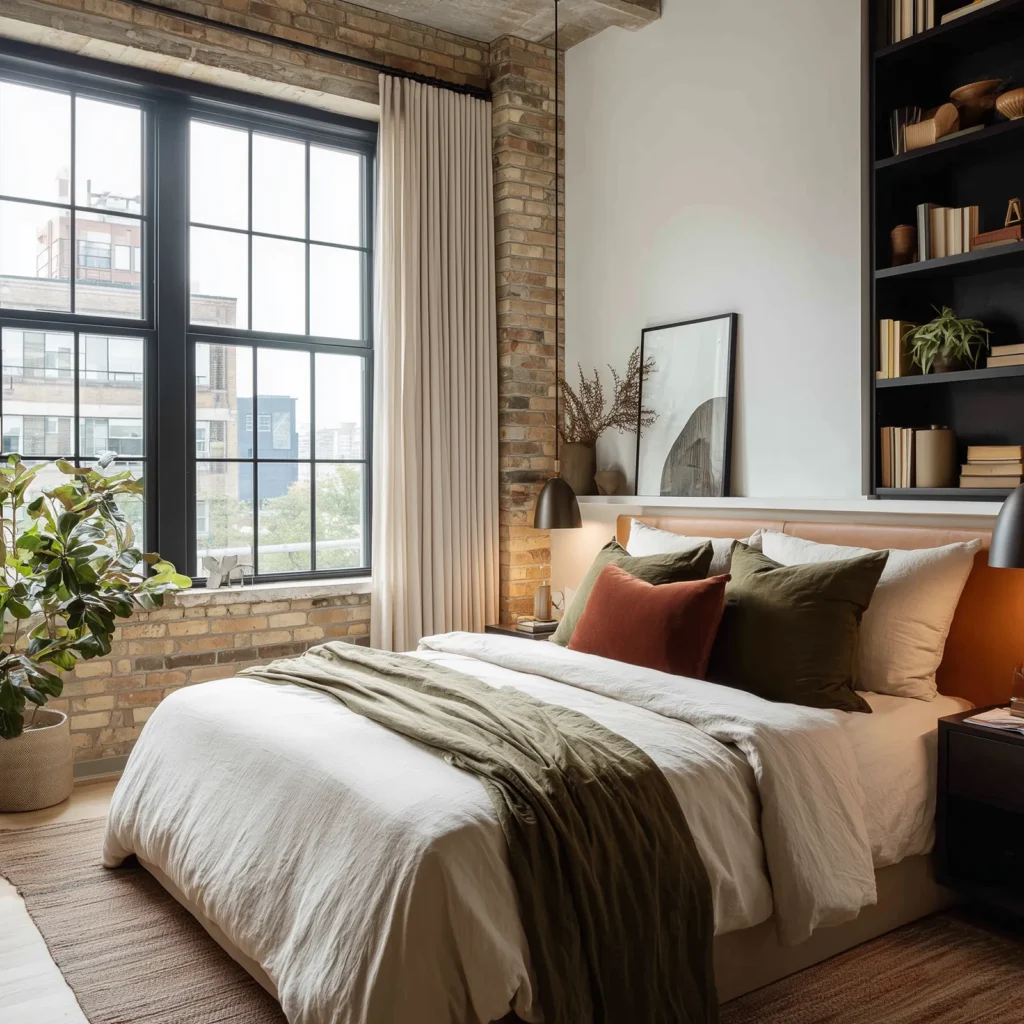 Small modern loft bedroom with built-in shelving above the bed, exposed brick walls, large black-framed windows, layered neutral bedding with olive and rust pillows, and space-saving nightstands that maximize vertical storage and natural light.