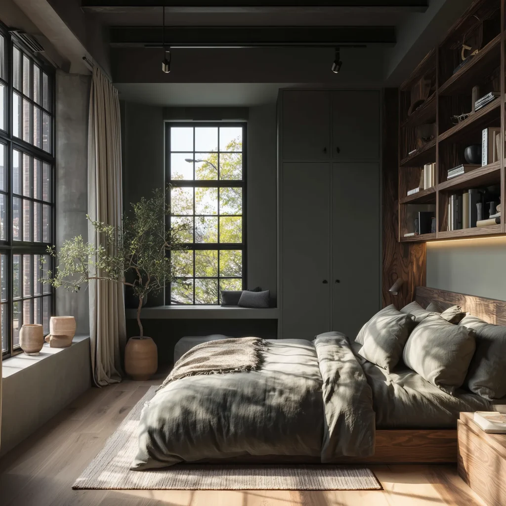 Moody modern small bedroom with an overhead shelf above the bed, styled with built-in walnut storage, deep green walls, soft linen bedding, and a large black-framed window that maximizes natural light in a compact space.