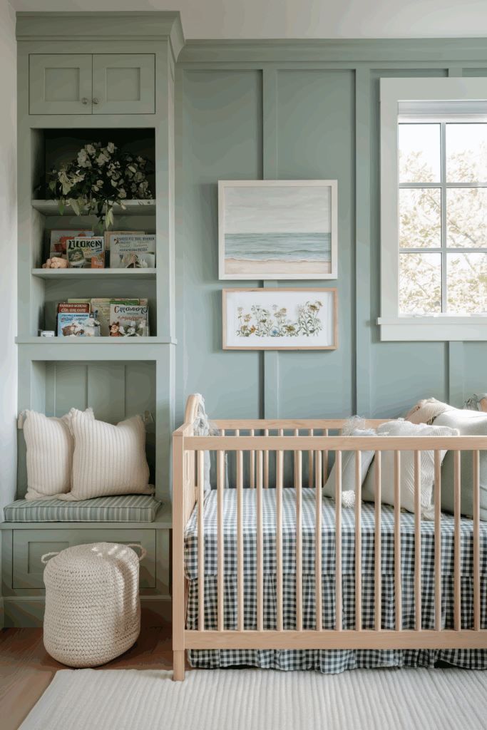 Coastal cottage nursery with sage green vertical paneling, a natural wood crib dressed in blue gingham bedding, built-in shelving styled with children’s books and greenery, a cushioned window bench with textured pillows, framed ocean and botanical artwork above the crib, and woven storage accents for a calm seaside baby room.