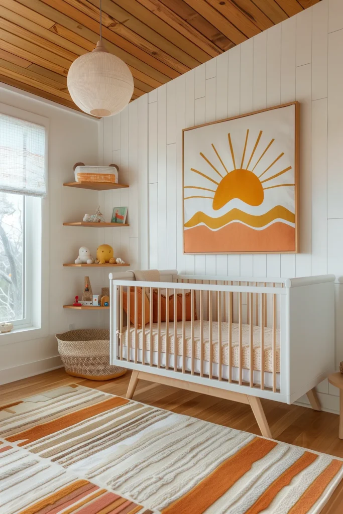 Modern sunshine-inspired coastal nursery interior design with a white crib, soft peach bedding, and burnt orange accent pillows. A bold sun art piece with yellow and orange tones hangs on a white paneled wall, paired with floating wooden shelves styled with toys, books, and a woven basket. A striped area rug in warm earthy shades of orange, cream, and tan adds playful texture, while a globe pendant light and natural wood ceiling complete the cozy, stylish baby room home decor.