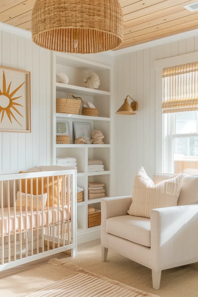 Sunshine-inspired coastal nursery interior design with warm neutral tones, featuring a white crib with golden mustard bedding, cozy armchair with textured pillows, built-in shelving styled with woven baskets and soft linens, and framed sun wall art. Natural light filters through woven Roman shades, with a large rattan pendant and brass sconce adding warm layered lighting. A modern nursery home decor idea that feels bright, cozy, and timeless.