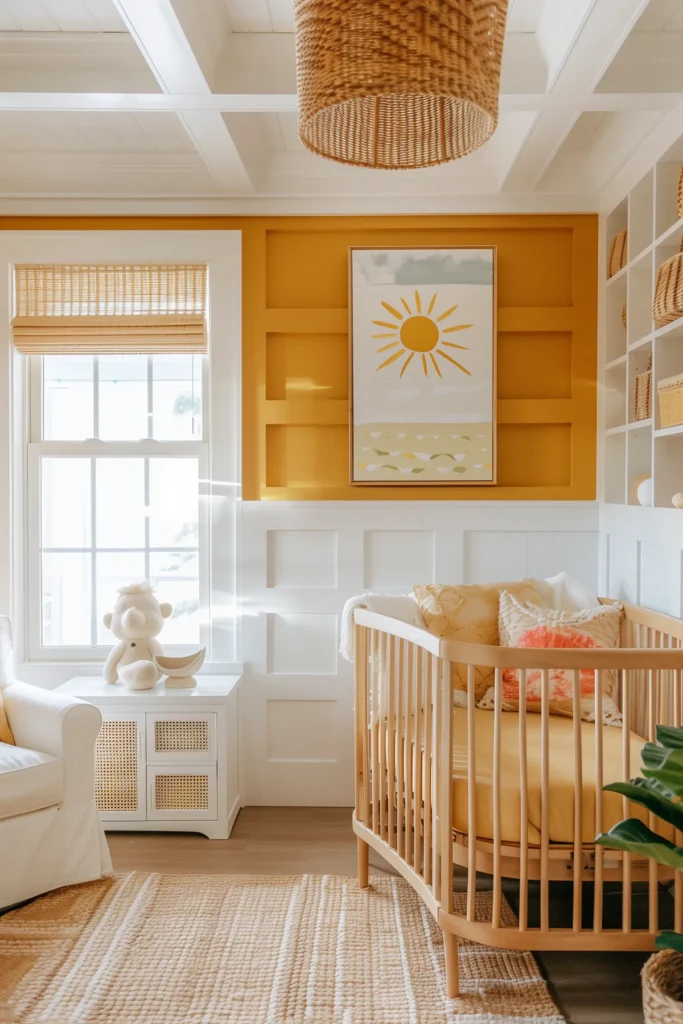 Bright coastal nursery interior design with a sunshine aesthetic, featuring a yellow accent wall with modern sun artwork, natural wood crib with neutral and coral pillows, woven jute rug, white armchair, rattan pendant light, and built-in shelving with woven baskets. A cheerful nursery home decor idea that feels light-filled, playful, and timeless.