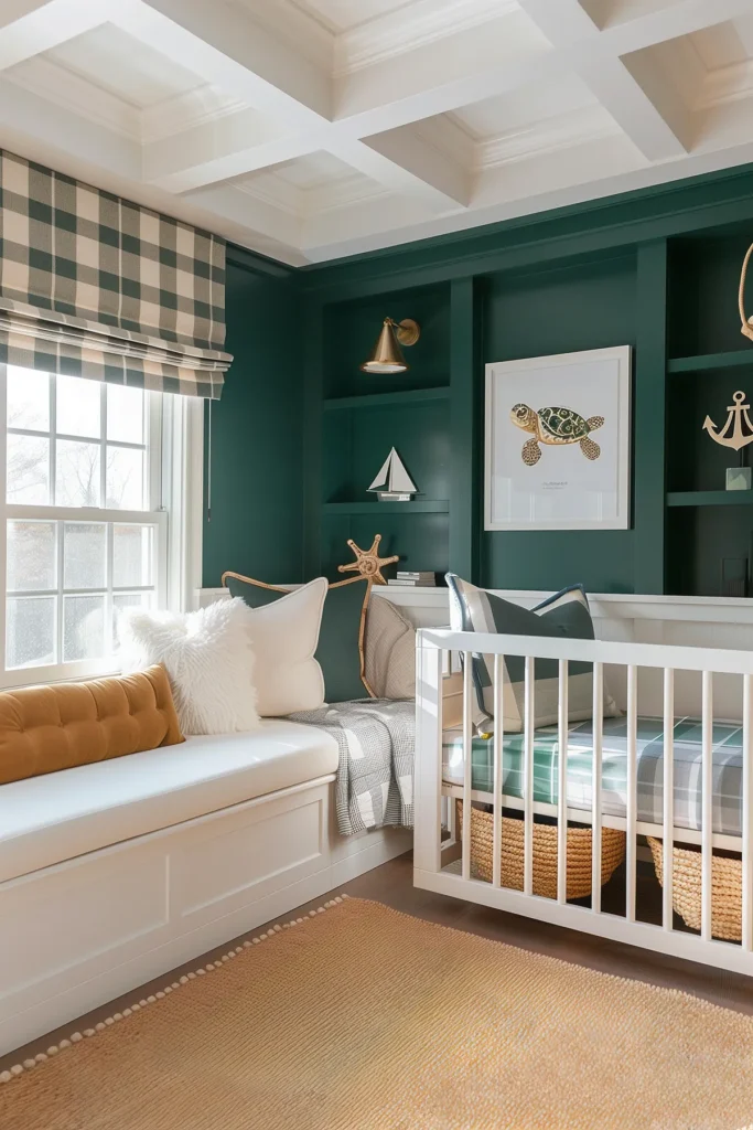 Coastal nautical nursery interior design with deep green walls, white crib, and plaid bedding. Window seat with plaid Roman shade, gold wall sconce, and framed sea turtle art add coastal charm. Woven baskets, anchor décor, and natural textures create a chic, preppy nautical baby room home decor style.