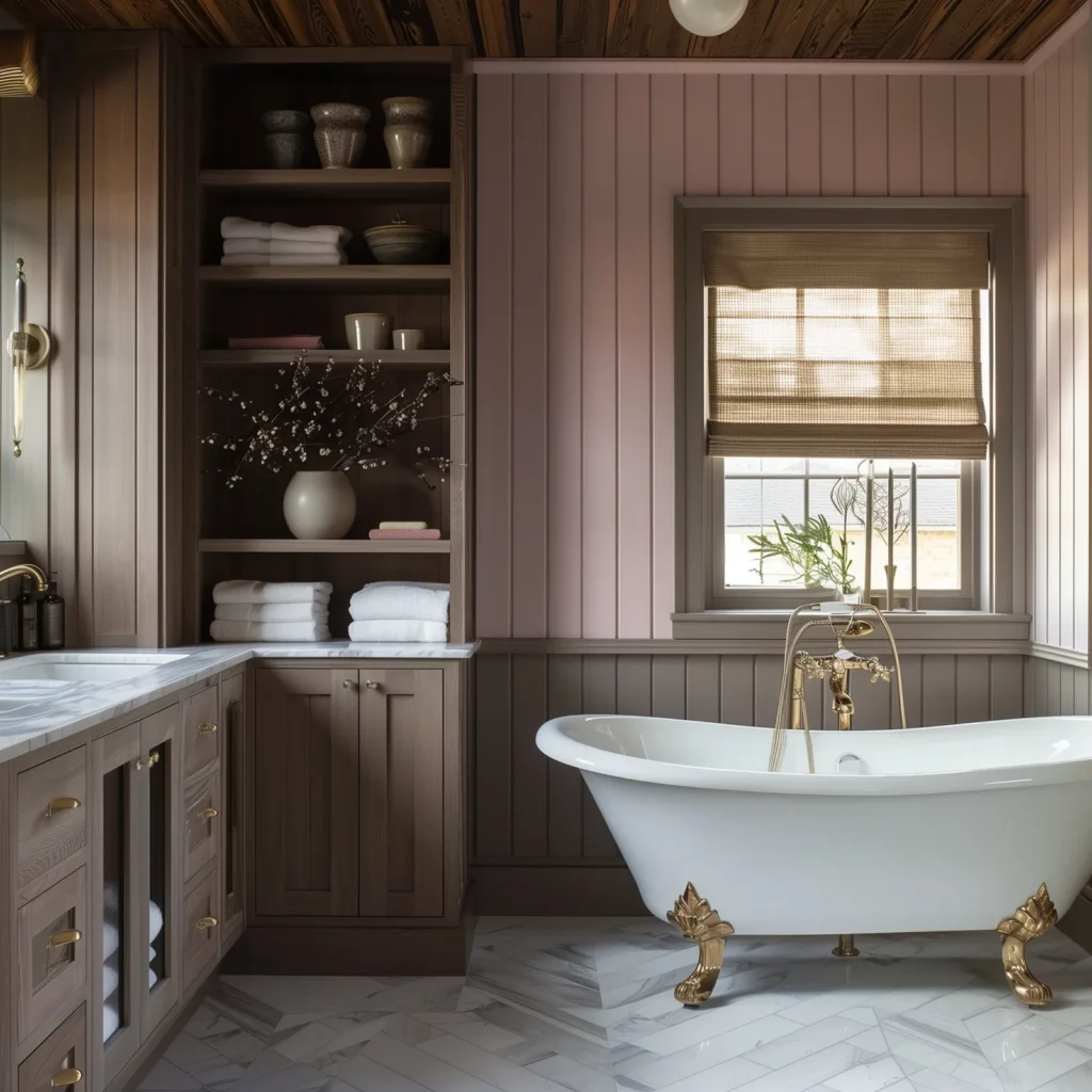 Vintage-inspired cottage bathroom with pink wainscoting, gray beadboard, a white clawfoot bathtub with gold fixtures, wood cabinetry with brass hardware, marble tile floor, and a window with woven Roman shade.