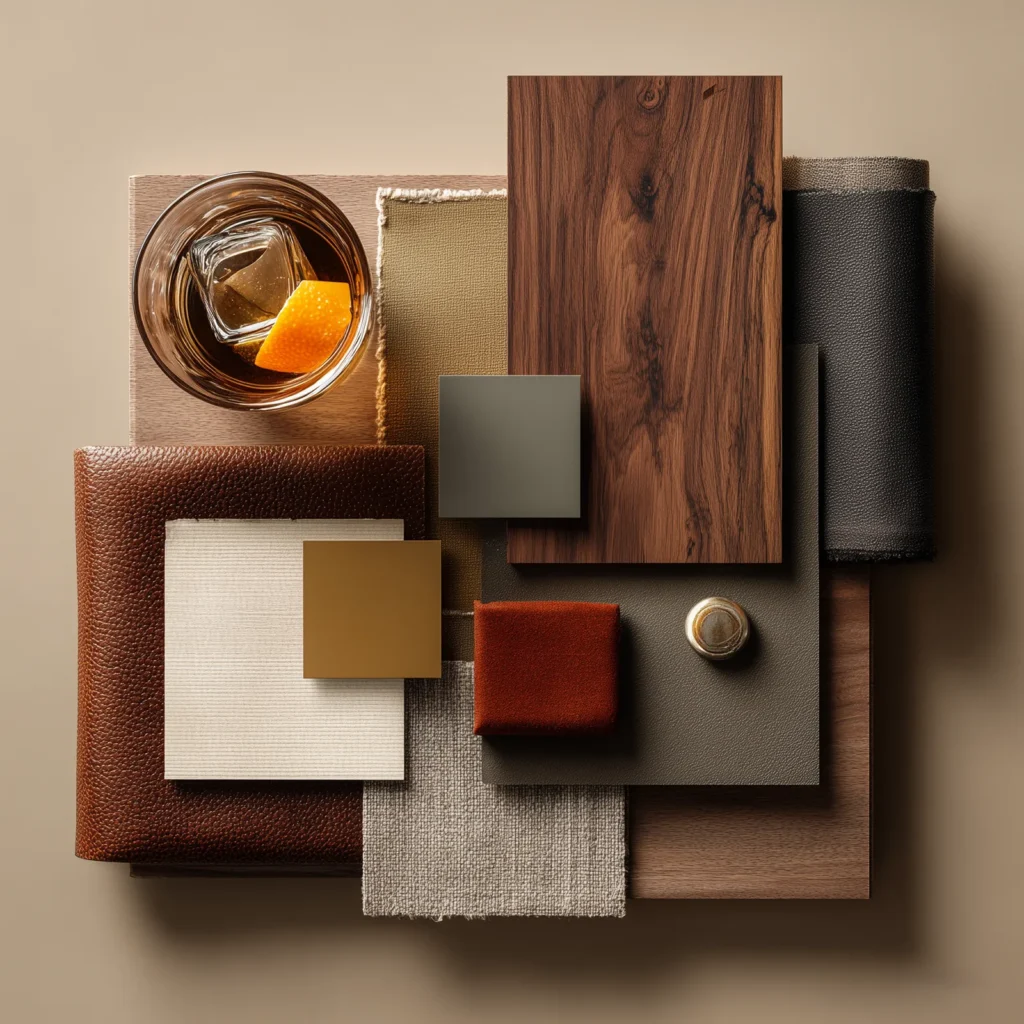 Walnut Hour color palette featuring dark walnut wood, warm leather, camel and cognac tones, charcoal textiles, brushed brass accents, and an old-fashioned cocktail—an evening-inspired desert modern palette grounded in texture, warmth, and moody sophistication.