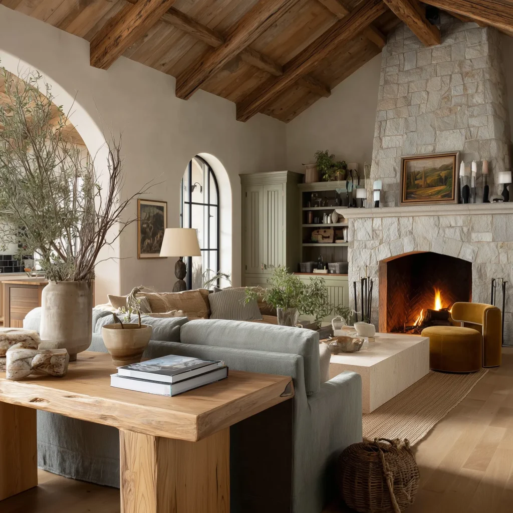 Warm earthy cottage living room with a tall stone fireplace, wood beam ceiling, arched doorway, natural textures, and Mediterranean-inspired rustic décor in soft neutral tones.