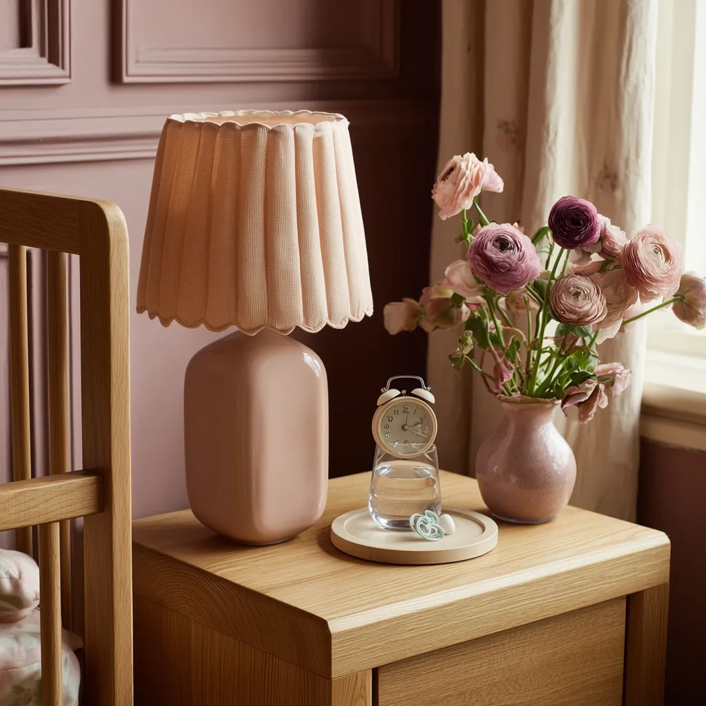 Cottagecore nursery bedside vignette with natural wood nightstand, blush pleated lamp, pink ceramic vase of ranunculus, and a small vintage-style clock in soft window light.
