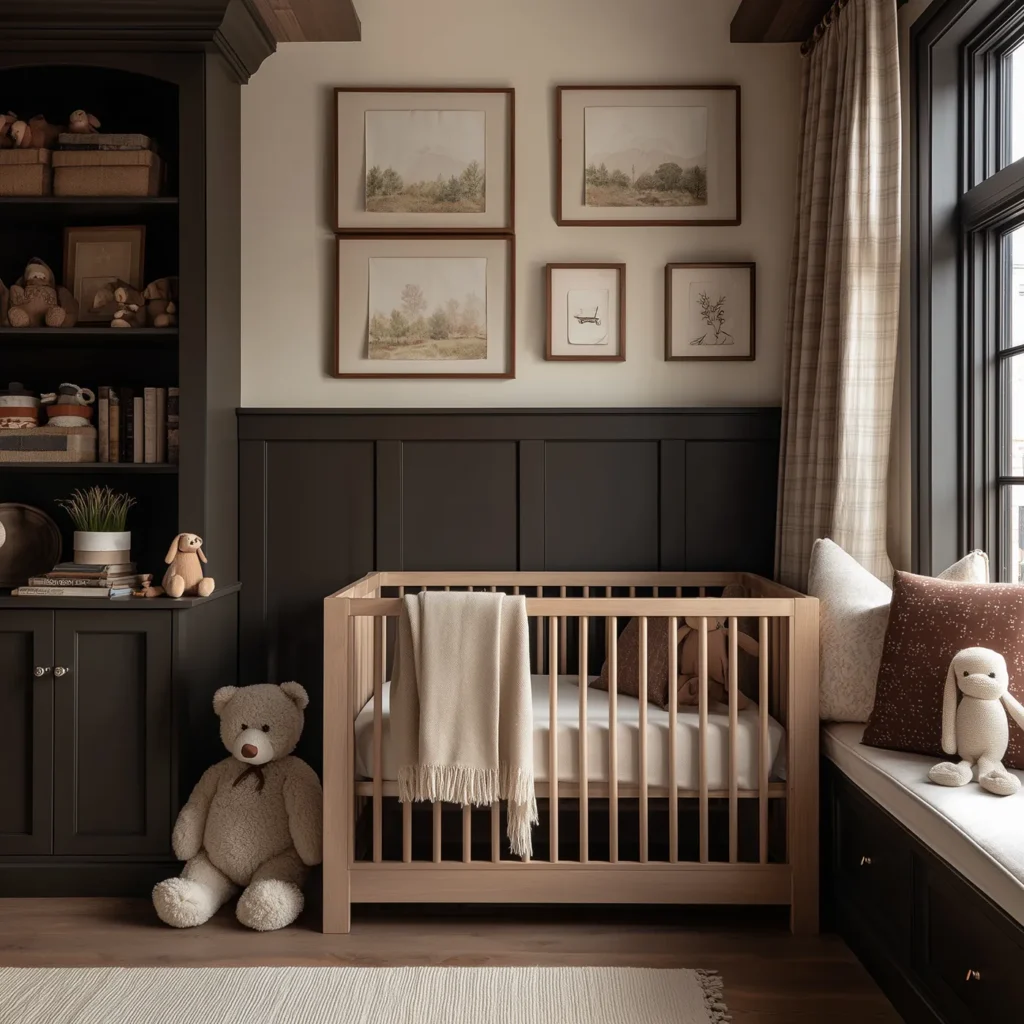 Moody cottagecore nursery with dark wainscoting, natural wood spindle crib, framed vintage landscape gallery wall, built-in bookcase, and plaid curtains by the window seat.