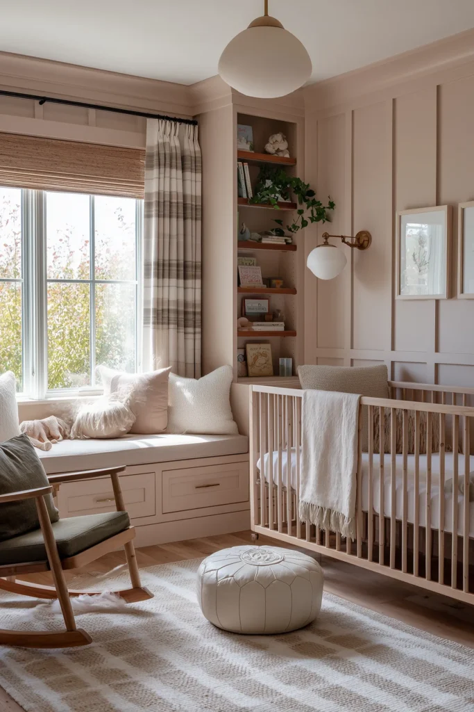 Cottagecore nursery with blush painted paneling, built-in window seat with layered neutral pillows, natural wood crib, plaid curtains, brass globe sconce, and soft textured rug.