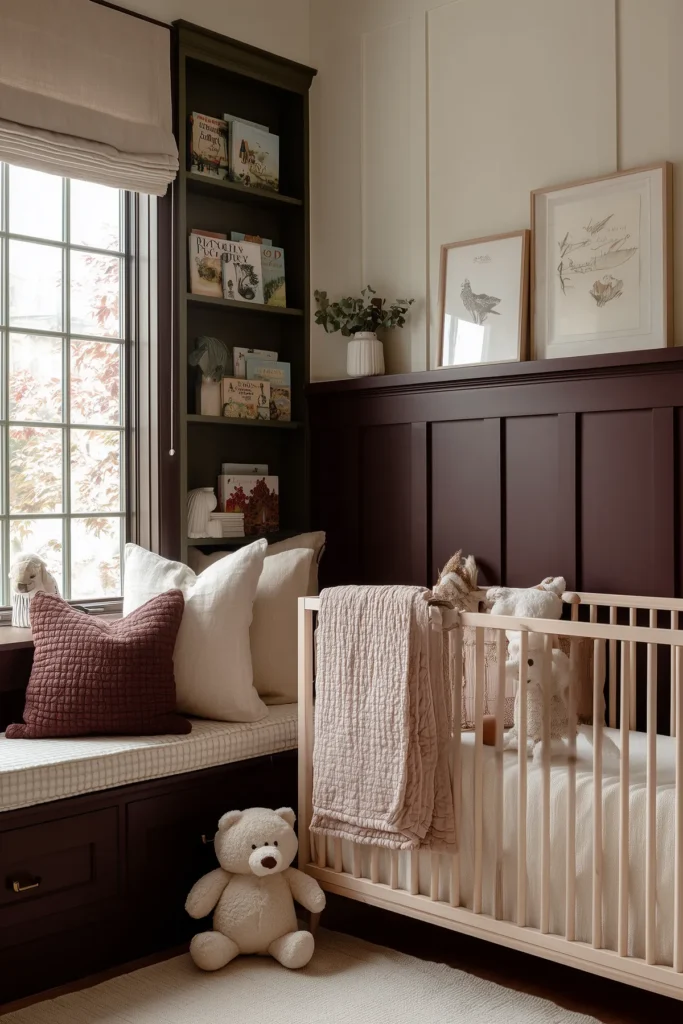 Moody cottagecore nursery with burgundy board-and-batten walls, built-in bookshelf and window seat, natural wood crib, layered neutral pillows, and framed botanical sketches.