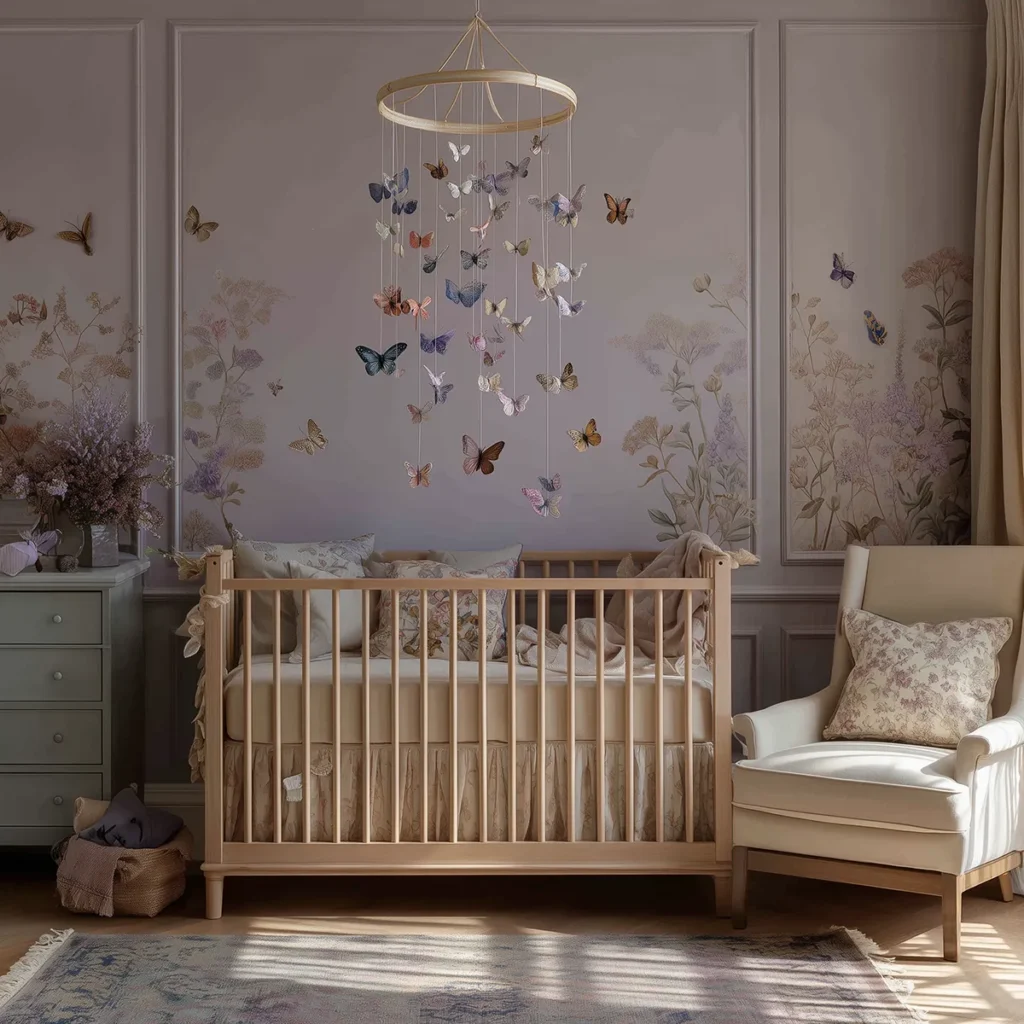 Dreamy cottagecore nursery with lavender paneled walls, hand-painted botanical mural, natural wood crib, and a floating butterfly mobile above soft floral bedding and a cream glider chair.