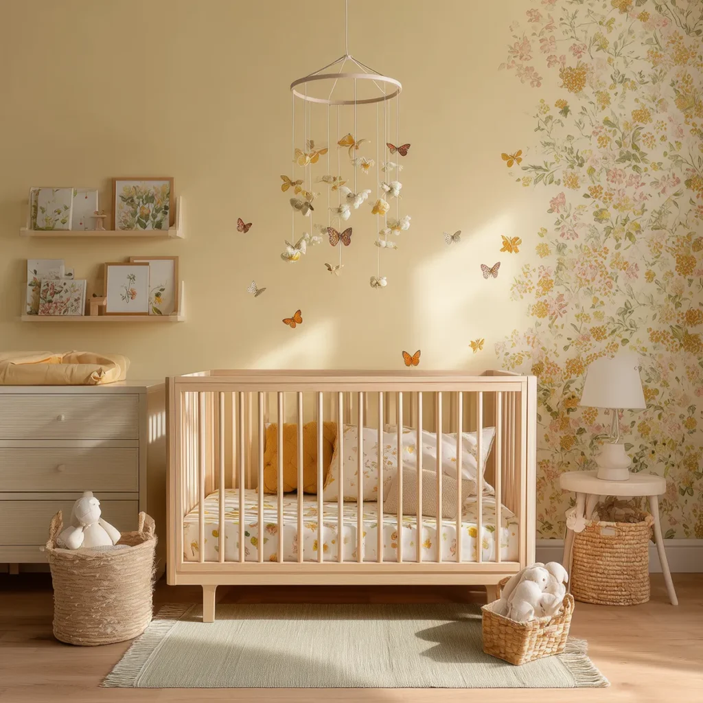 Light-filled cottagecore nursery with natural wood crib, butterfly mobile, wildflower mural accent wall, warm beige paint, and woven baskets for soft, storybook storage.