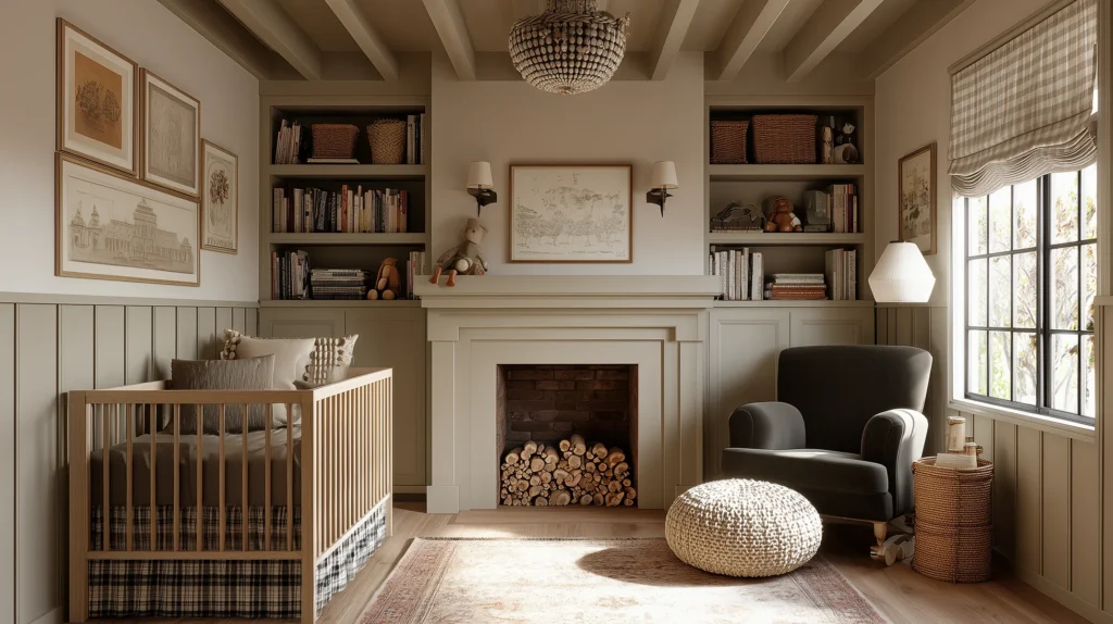 Classic cottagecore nursery with a painted fireplace, built-in bookcases and woven baskets, natural wood crib with gingham skirt, and a cozy reading chair under exposed ceiling beams.