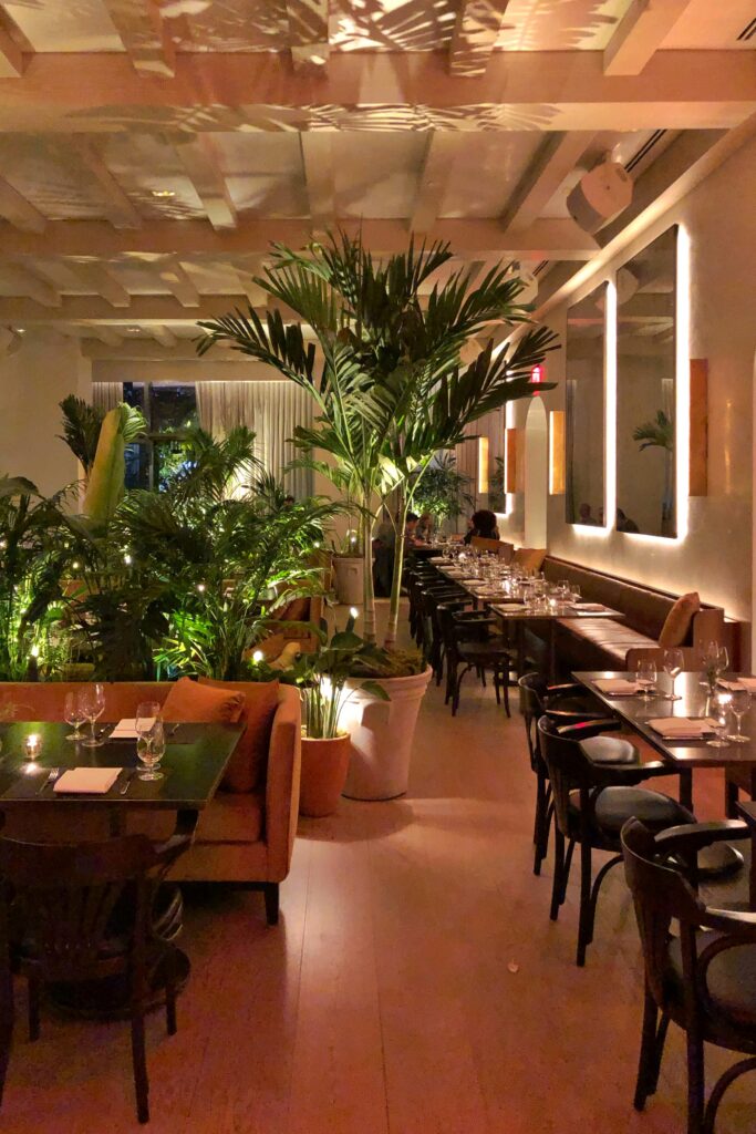 Palm-filled dining room at the Edition Hotel Times Square in New York City, featuring warm lighting, plush banquettes, and a stylish indoor garden aesthetic.