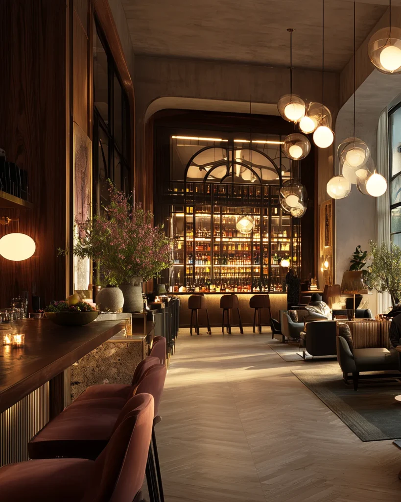 Luxury hotel bar interior with warm ambient lighting, globe pendant lights, dark wood paneling, plush seating, and a softly illuminated back bar.