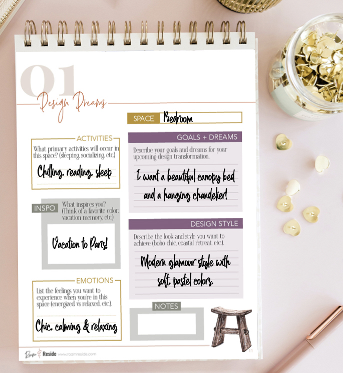 Roam & Reside Interior Design Project Planner “Design Dreams” worksheet filled out for a bedroom, with sections for activities, goals, inspiration, emotions, and design style—showing the step-by-step process for turning a vision board into a finished space.