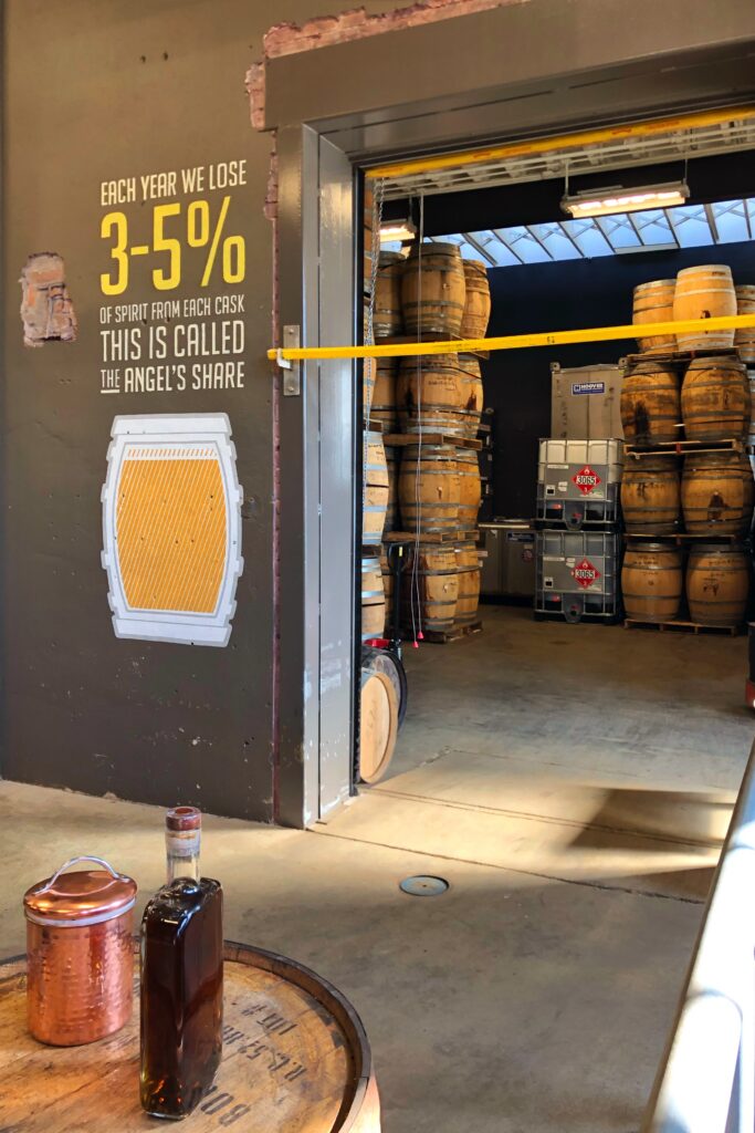 Angel’s Envy Distillery barrel room doorway in Louisville, Kentucky with stacked aging bourbon barrels and a wall graphic explaining the “Angel’s Share” (3–5% loss each year)—an aesthetic stop on the Kentucky Bourbon Trail.