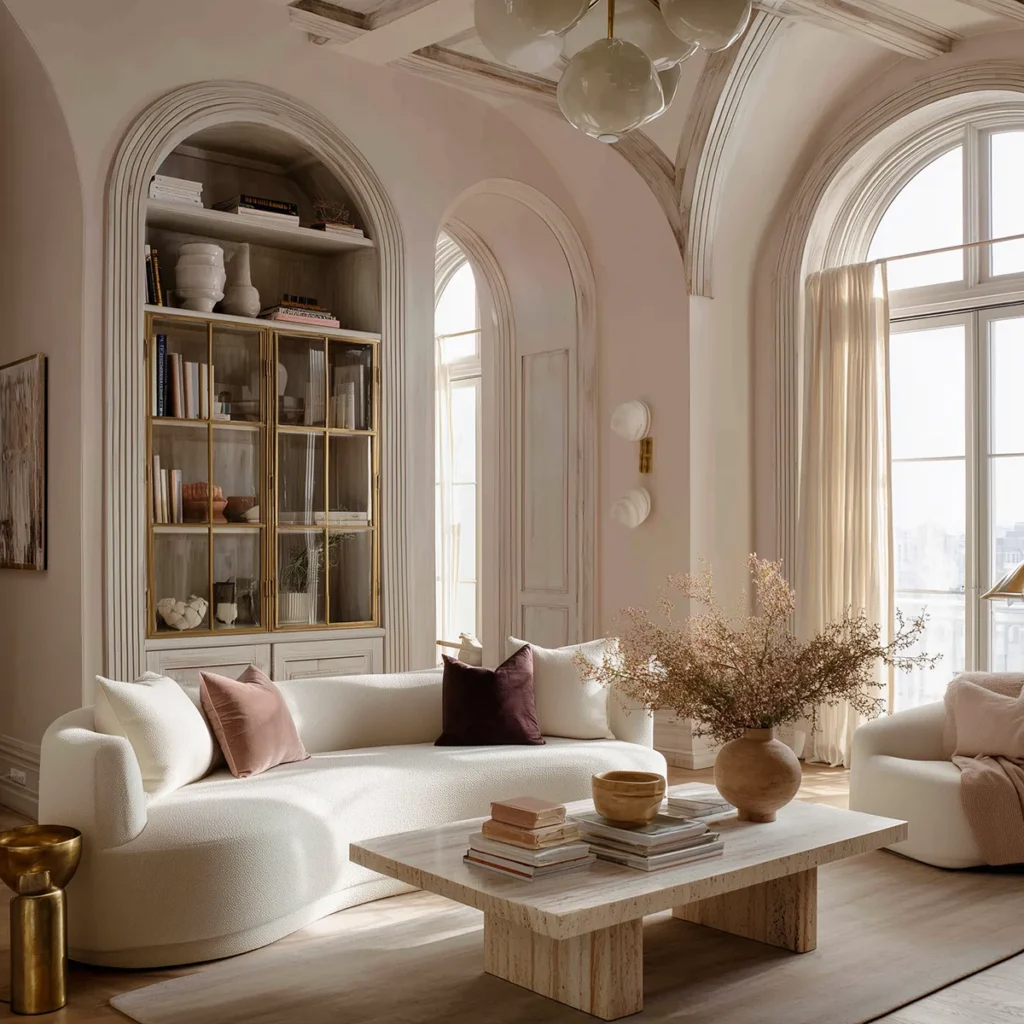 Airy blush pink living room with arched built-in niches, a brass-and-glass display cabinet filled with books and ceramics, tall arched windows with sheer cream curtains, and a cream sofa styled with blush accent pillows.