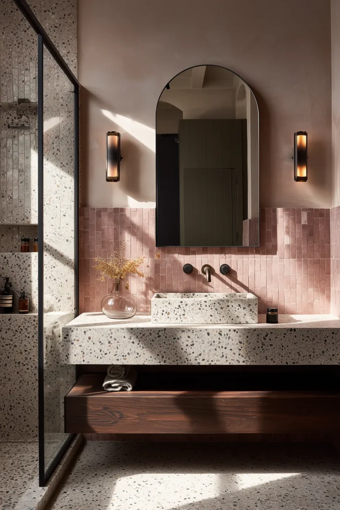 Blush pink bathroom with arched mirror, matte black wall faucet, pink zellige tile backsplash, and terrazzo vanity—warm modern blush interior design.