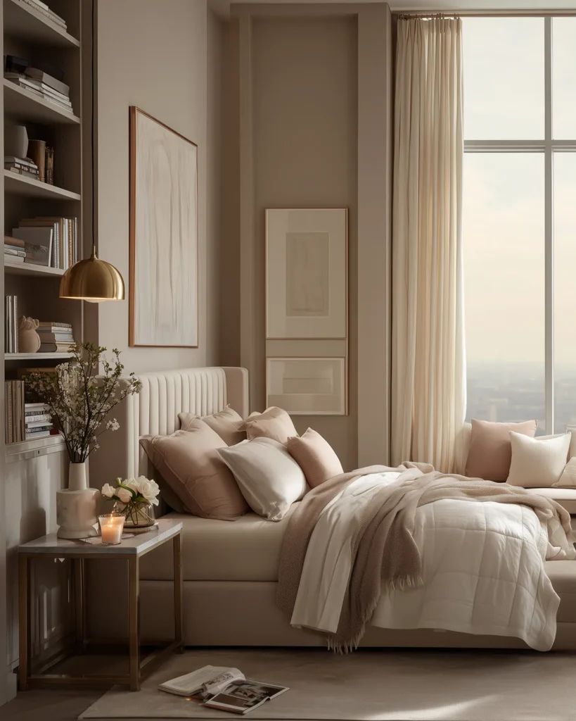 Serene blush pink bedroom with a cushioned upholstered bed in cream and blush bedding, a brass dome pendant light, built-in bookshelf styling, and floor-to-ceiling linen curtains framing a large window.