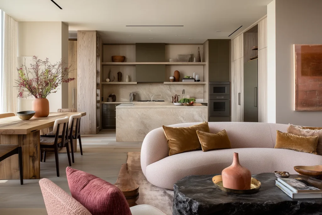 Neutral open-concept kitchen and living room with a blush pink bouclé sofa, light wood cabinetry, and warm minimalist decor.