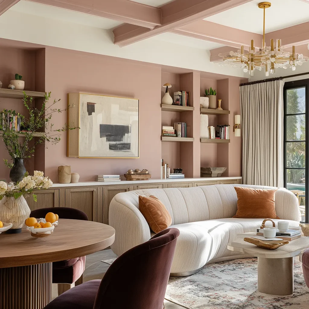 Blush pink living room with built-in shelves styled with books and pottery, a brass-and-glass chandelier, exposed ceiling beams, and a curved ivory sofa with camel accent pillows beside tall linen curtains.