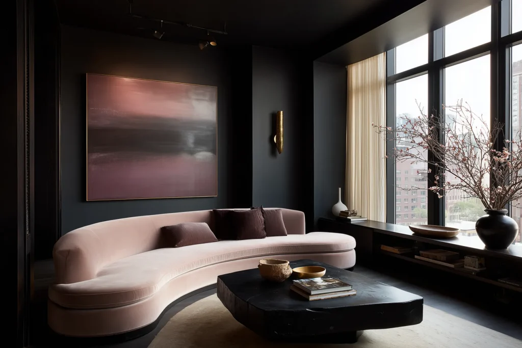 Moody living room with a blush pink curved sofa, dark charcoal walls, black coffee table, and large windows—modern blush pink interior design.