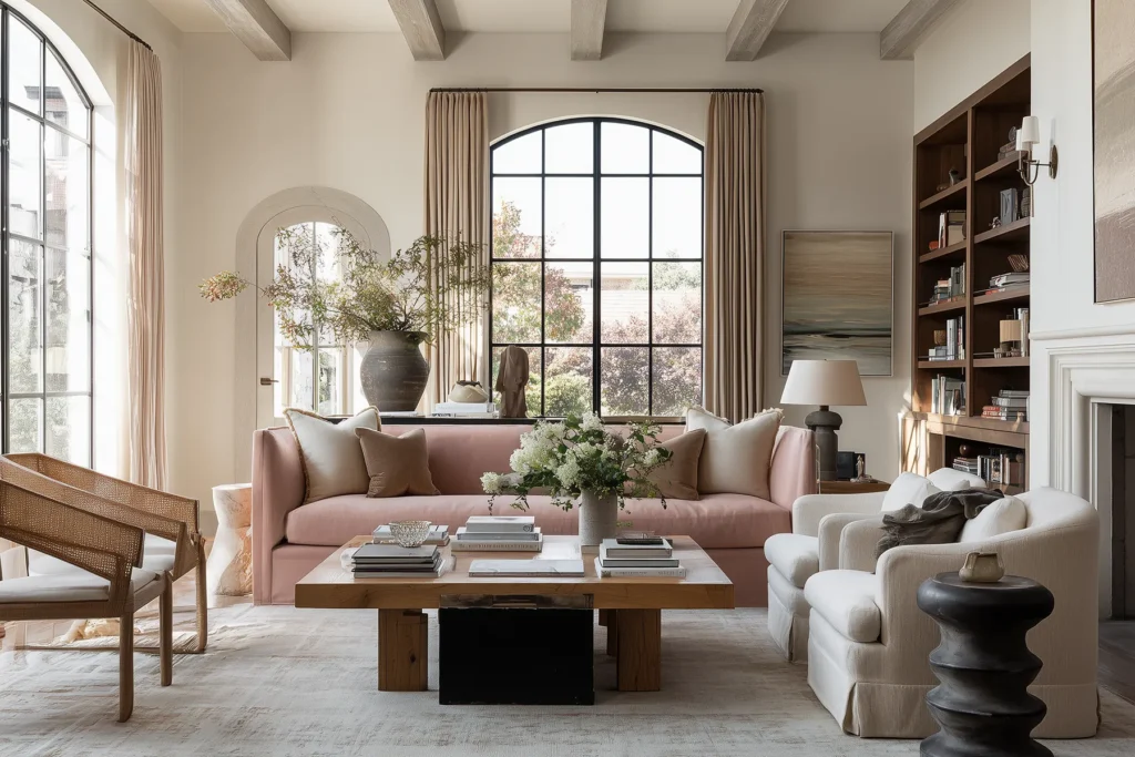 Blush pink aesthetic color trend expressed in a light pink sofa in a light-filled living room with neutral armchairs, wood coffee table, arched windows, and soft beige curtains creating a warm, elegant interior design
