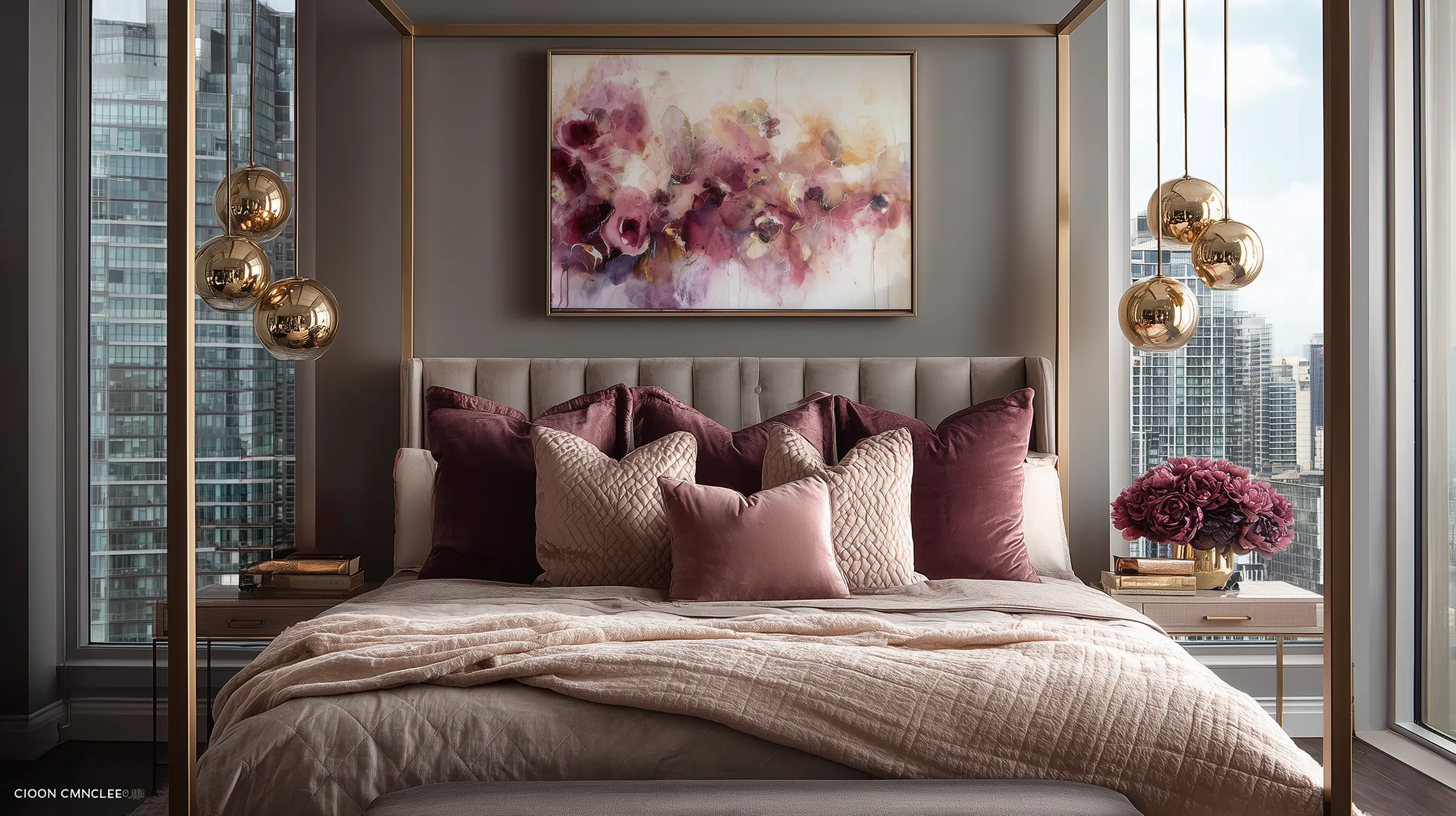 Modern glam bedroom design with a brushed brass canopy bed with neutral upholstered headboard, blush and burgundy velvet pillows, brass globe pendant lights, and abstract floral artwork—an example of turning a mood board into a finished, cohesive space.