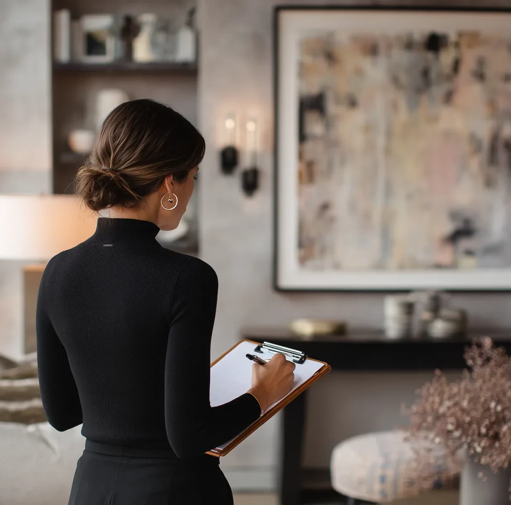 Interior designer auditing a living room with a clipboard, evaluating layout, lighting, and decor in a neutral modern space—an early step in turning a vision board into a finished room.