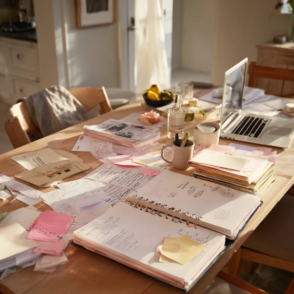 Cluttered dining table covered with design notes, sticky notes, magazines, a laptop, and an open planner in morning light—an “in progress” before stage of executing an interior design plan from mood board to finished space.