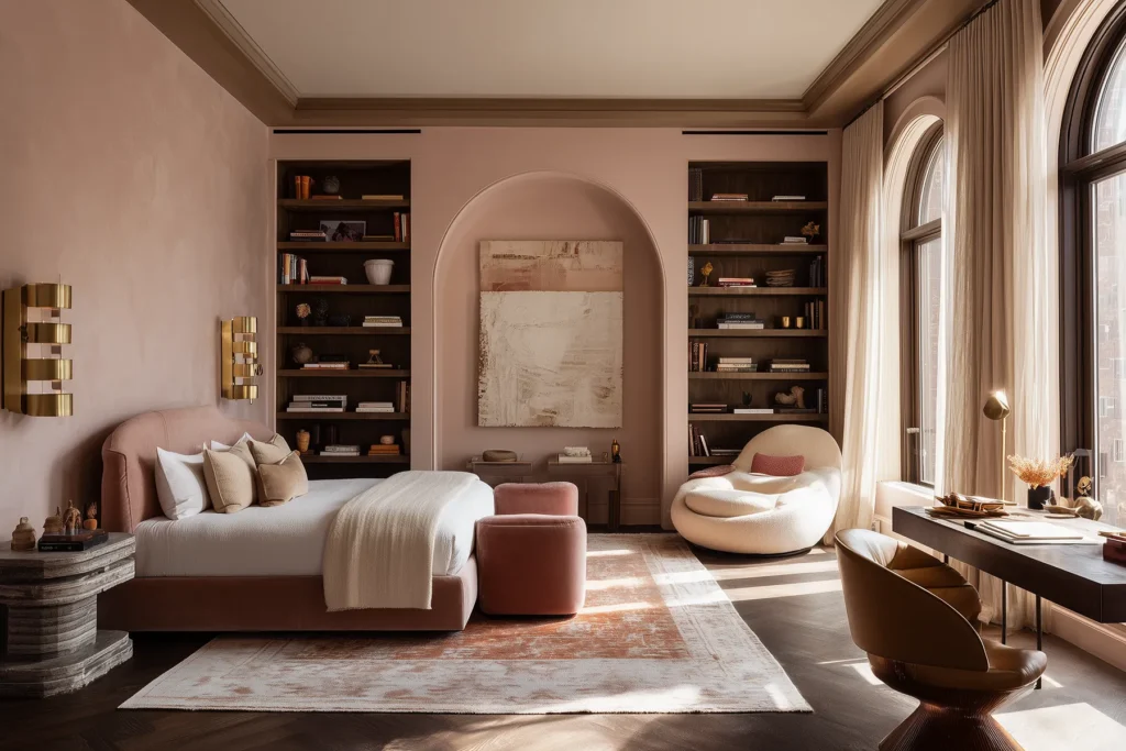 Quiet luxury bedroom with blush pink walls, arched niche detail, brass wall sconces, built-in dark wood bookshelves, and a soft upholstered blush bed—an elegant example of blush pink interior design with warm neutrals.