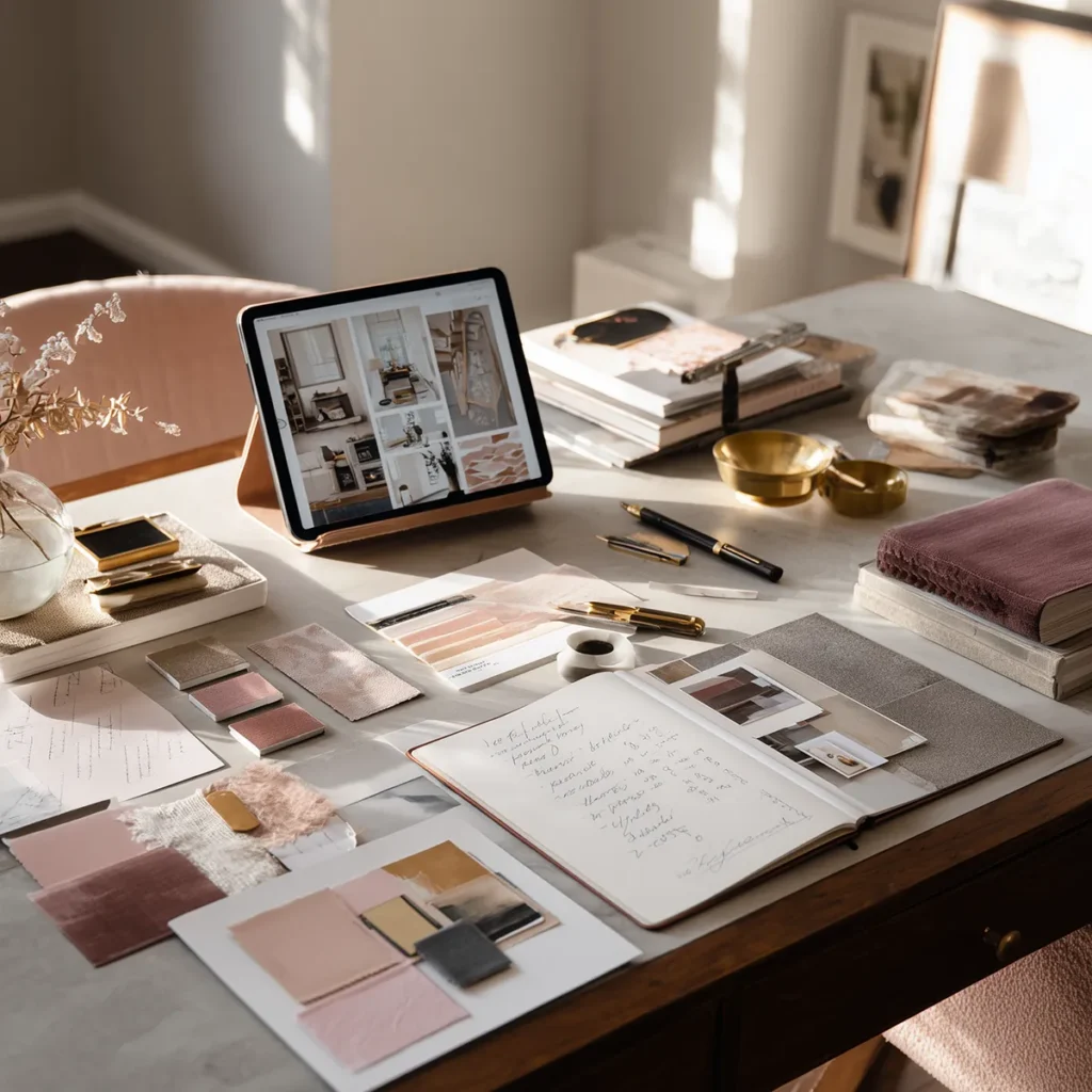 Organized interior design planning setup with a tablet mood board, curated fabric swatches, paint samples, and an open Roam & Reside interior design project planner—showing the “after” system for turning a vision board into a finished space.