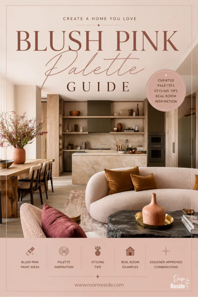 Cover of the Roam & Reside Blush Pink Palette Guide, featuring a warm blush-and-neutral living room and kitchen with curated color palettes, styling tips, and real-room inspiration. Download this blush pink paint and decor guide to learn designer-approved combinations and how to style blush pink in a modern home.