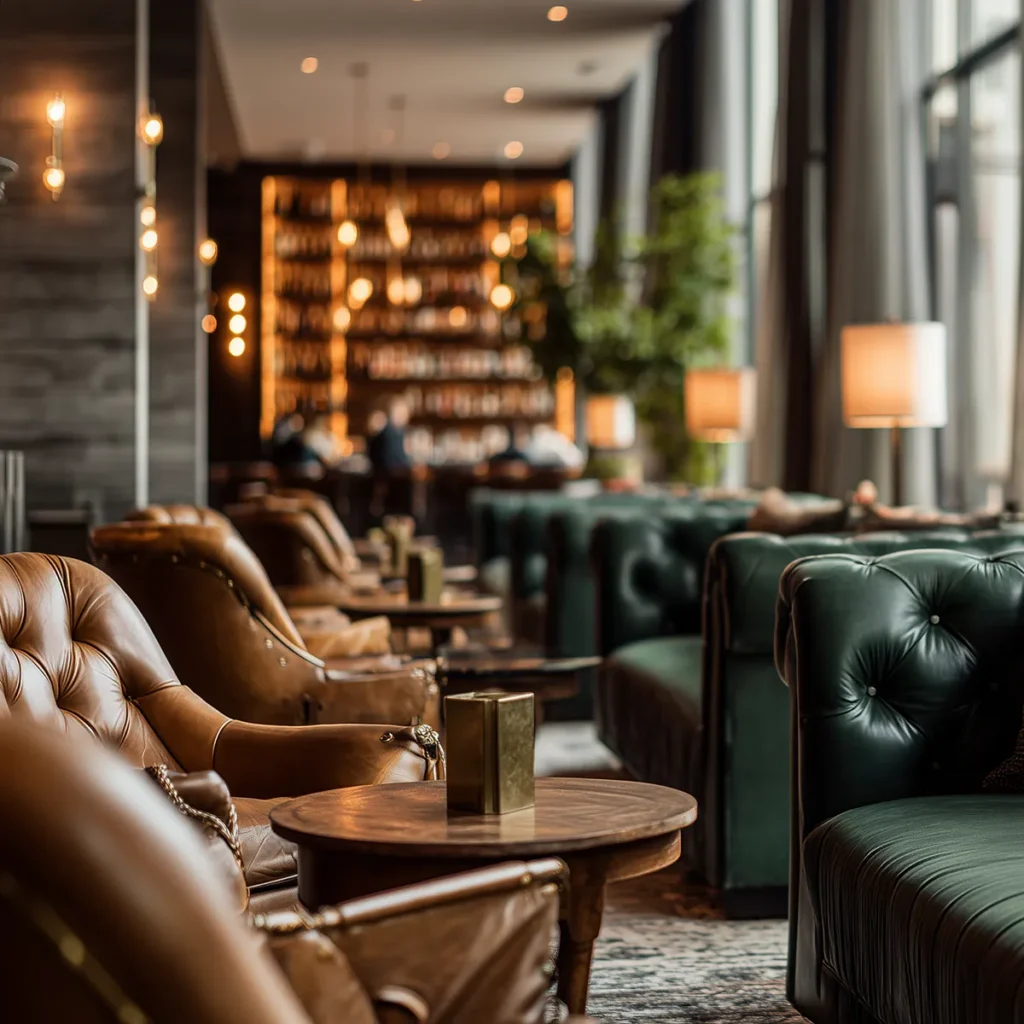 Moody hotel lounge scene with caramel leather chairs, deep green tufted seating, and warm pendant lights beside tall windows. A softly blurred, library-style bar backdrop adds a cozy, upscale vibe for an aesthetic travel blog post.