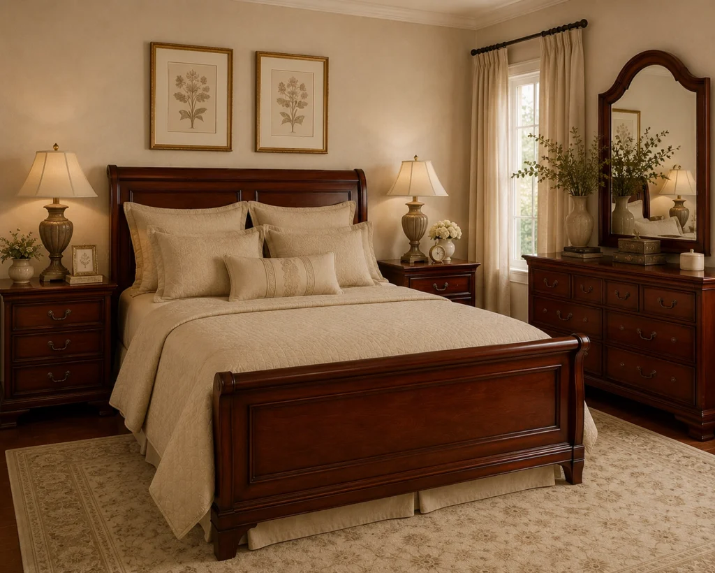 Beige-on-beige suburban transitional bedroom featuring an outdated Tuscan look with a dark cherry-wood sleigh bed, matching nightstands and dresser, and symmetrical table lamps. Interior design aesthetic with neutral layered bedding, framed botanical prints, and a large dresser mirror create the classic 2000s “matchy” Tuscan style that used to be popular.