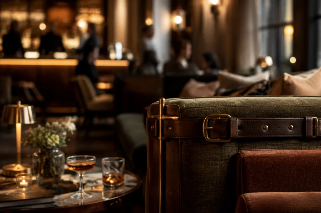Cozy hotel lounge scene with a leather-trim, trunk-style banquette and a round table holding a coupe cocktail and a whiskey glass. Soft lamp light and a blurred bar in the background create a warm, intimate evening vibe.
