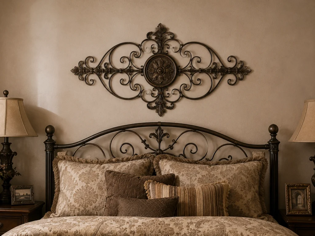 Beige Tuscan-style bedroom vignette featuring a wrought-iron scrollwork headboard, matching lamps, and layered patterned pillows in taupe tones. This image shows the classic “2000s Tuscan” look—ornate ironwork and beige-on-beige styling.