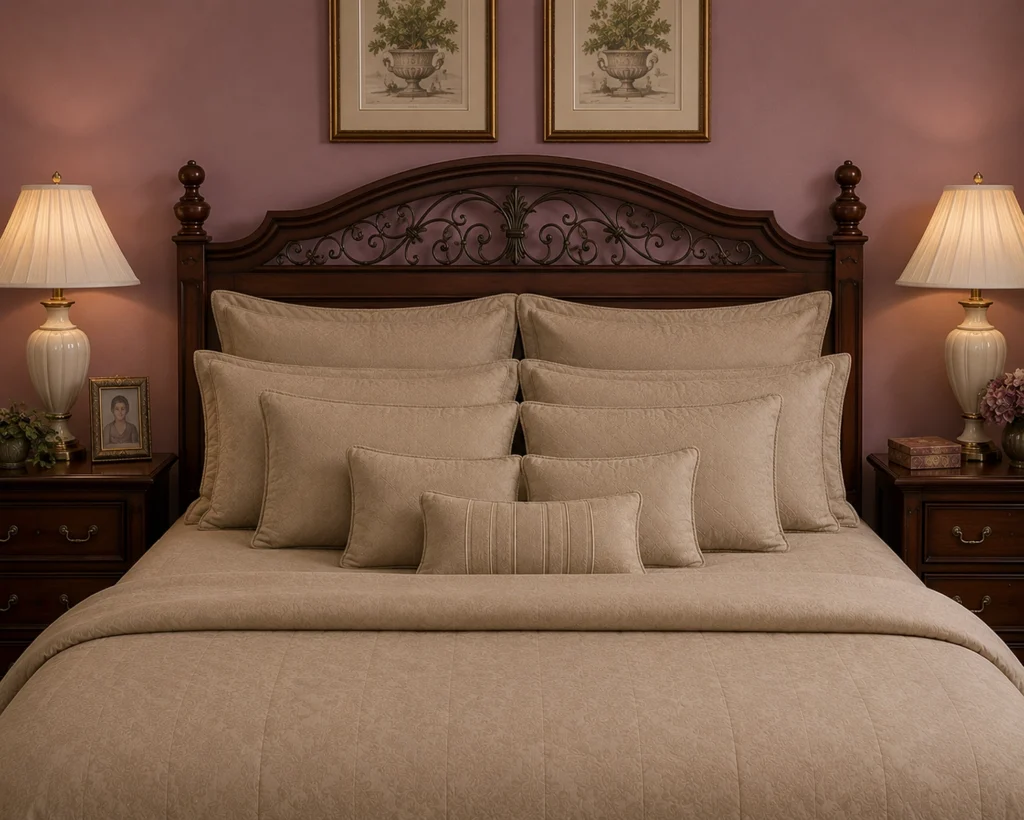 Overstuffed, rigid throw-pillow “formation” lines up across a beige bed, creating a staged, uninviting look in an outdated Tuscan-style bedroom. A dark wood headboard with wrought-iron scrollwork, matching nightstands, and symmetrical lamps amplify the matchy 2000s aesthetic many homeowners want to modernize.