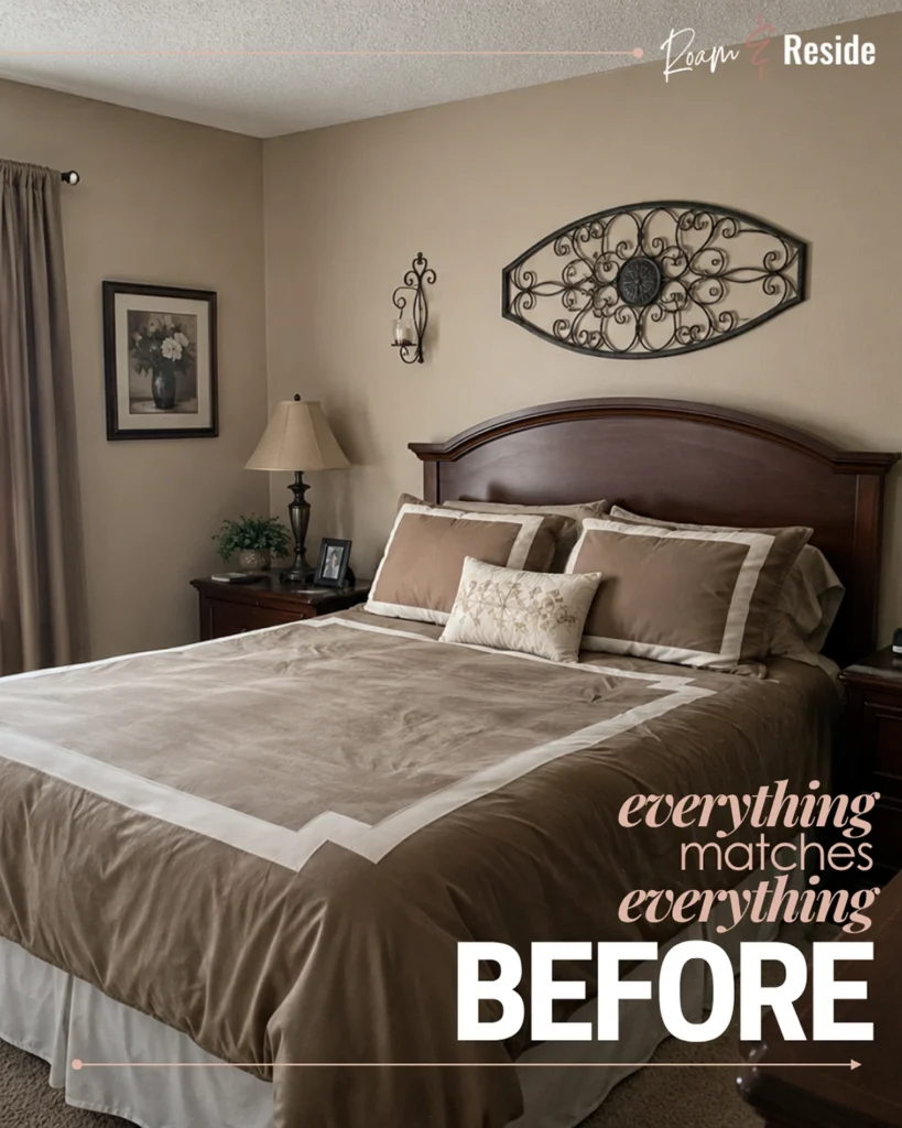 Roam & Reside “Before” image of an outdated Tuscan-style bedroom with beige-on-beige bedding, matching lamps, and wrought-iron wall decor above the headboard. This starting-point photo highlights the overly coordinated, low-contrast look the Room Roast makeover is designed to modernize.