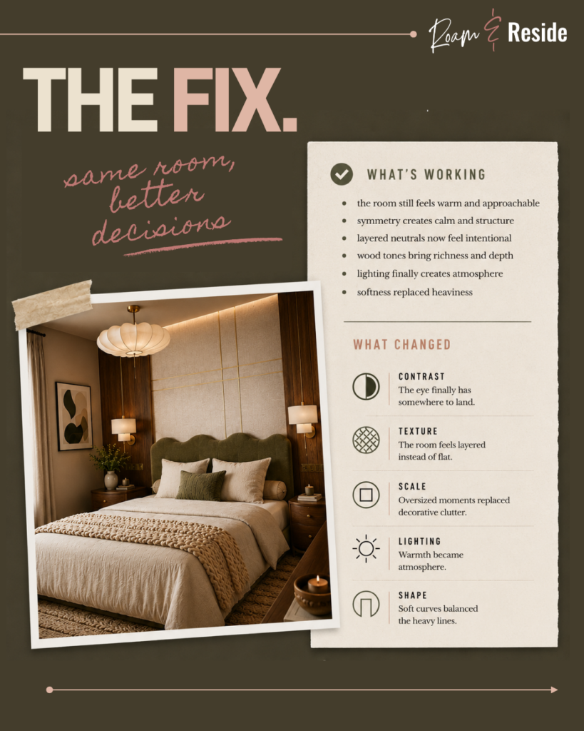 Roam & Reside “The Fix” graphic explaining how to update an outdated Tuscan-style bedroom with the same footprint using better design decisions like contrast, texture, scale, lighting, and softer shapes. This room roast breakdown shows what’s working and what changed in a modernized beige-and-wood primary bedroom makeover.