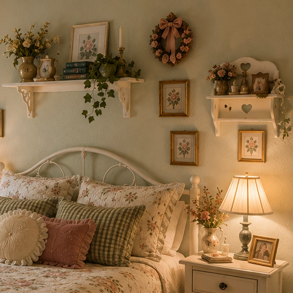 Outdated cottagecore bedroom wall decor with small floral prints, white display shelves, faux ivy, a wreath, and ruffled bedding in sage, rose, and cream tones. The layered knick-knacks and repeated botanical accents create a sweet but cluttered look that would benefit from editing, scale, and more visual breathing room.