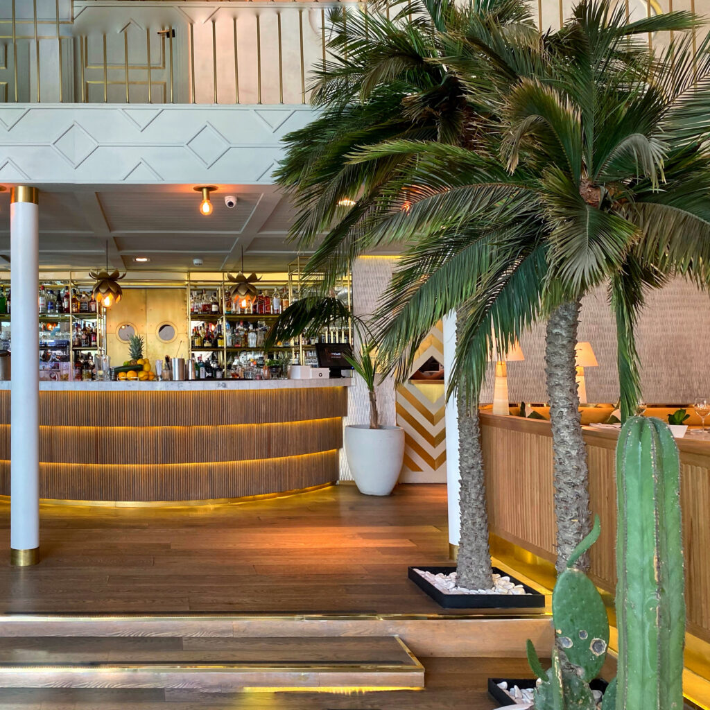 Interior of Aitana in Mexico City, showing a stylish, aesthetic restaurant bar with warm wood paneling, brass accents, tropical palms, and a tall cactus in the foreground. The layered lighting, pale architectural details, and lush greenery create a polished Mexico City dining space with a relaxed, Mediterranean feel.