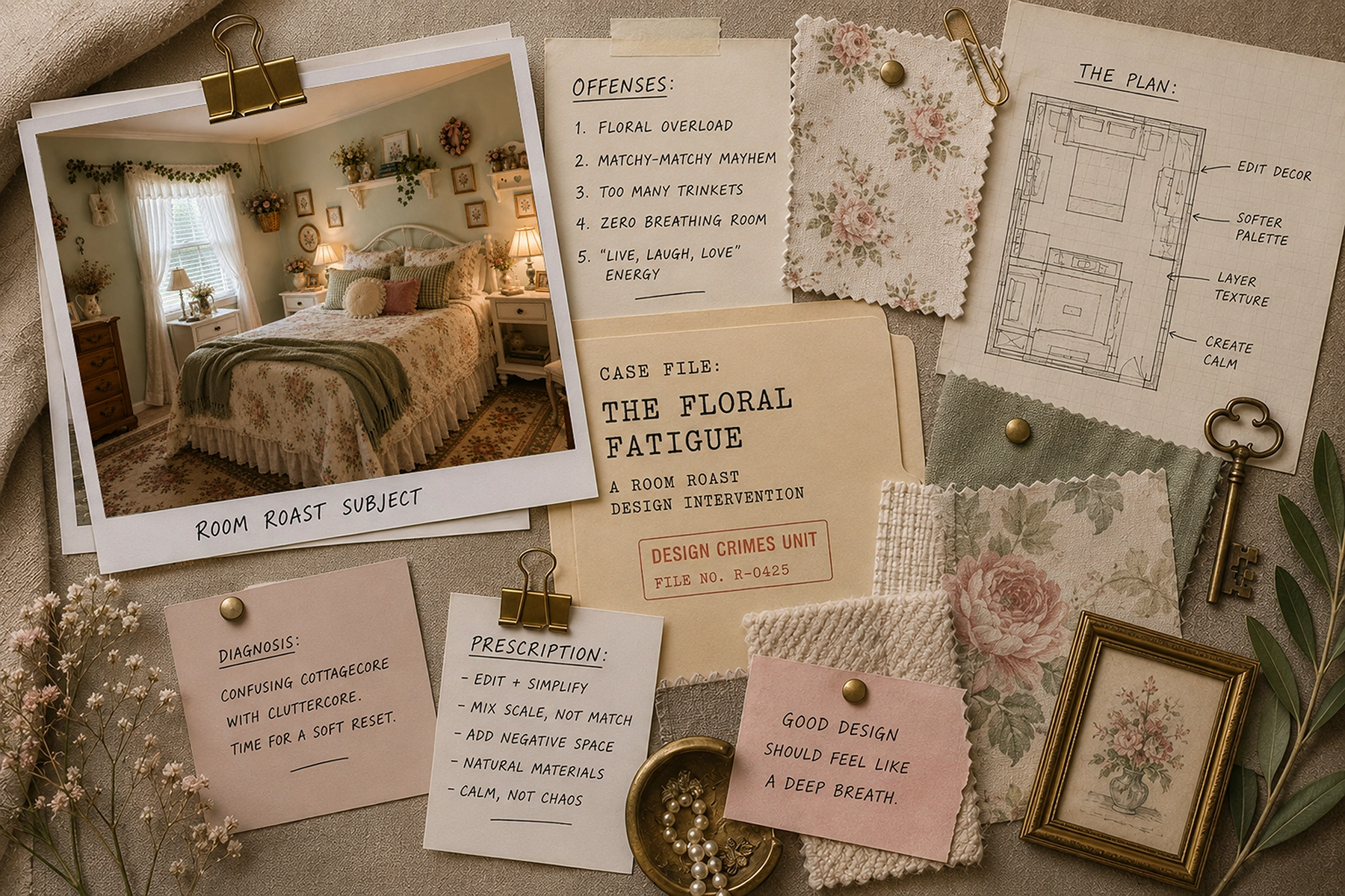 Cottagecore bedroom makeover design board styled like a Room Roast case file, with a before photo, floral fabric swatches, layout notes, and design “offenses” like floral overload, matchy-matchy decor, and zero breathing room. The board outlines a softer, more edited plan for turning a cluttered cottagecore bedroom into a calmer space with layered texture, natural materials, and better visual balance.
