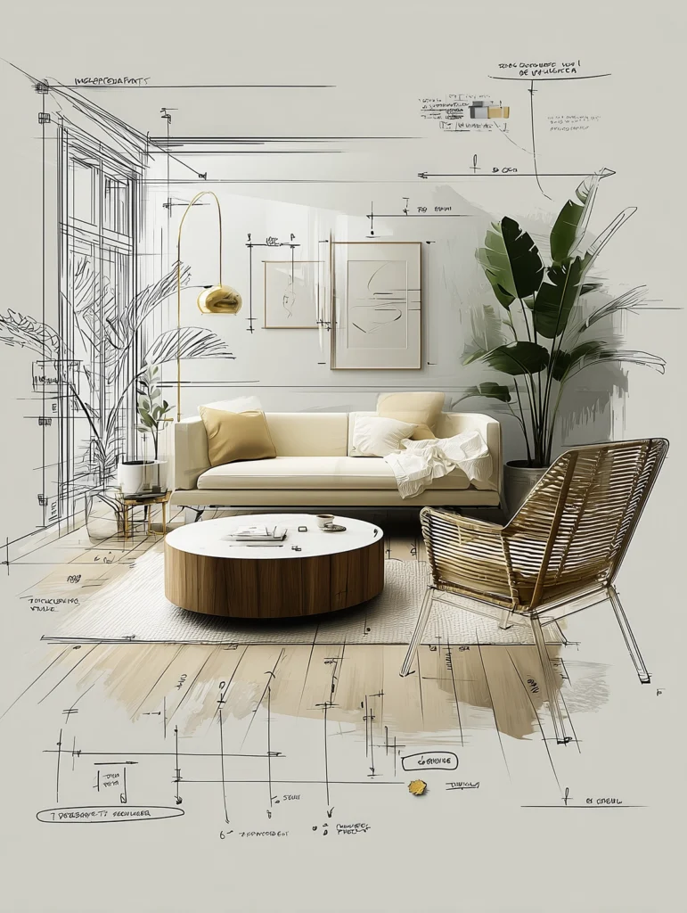 Conceptual interior design illustration showing a styled neutral living room layered over architectural sketches and measurements, with a sofa, round coffee table, accent chair, floor lamp, and plants aligned to detailed planning lines, illustrating how successful interior design requires translating Pinterest inspiration into scale, layout, and real-world execution.