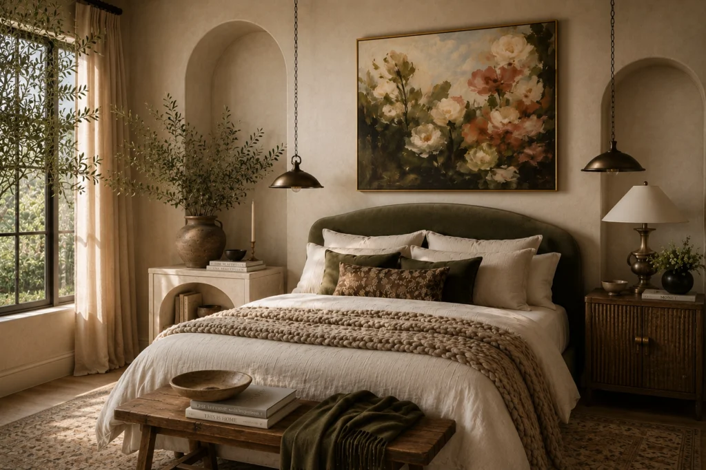 Modern Tuscan bedroom interior with an olive-green upholstered headboard, creamy linen bedding, and layered neutral textures. Arched wall niches, rustic wood accents, and a soft floral painting create a warm, elevated Mediterranean-inspired look.